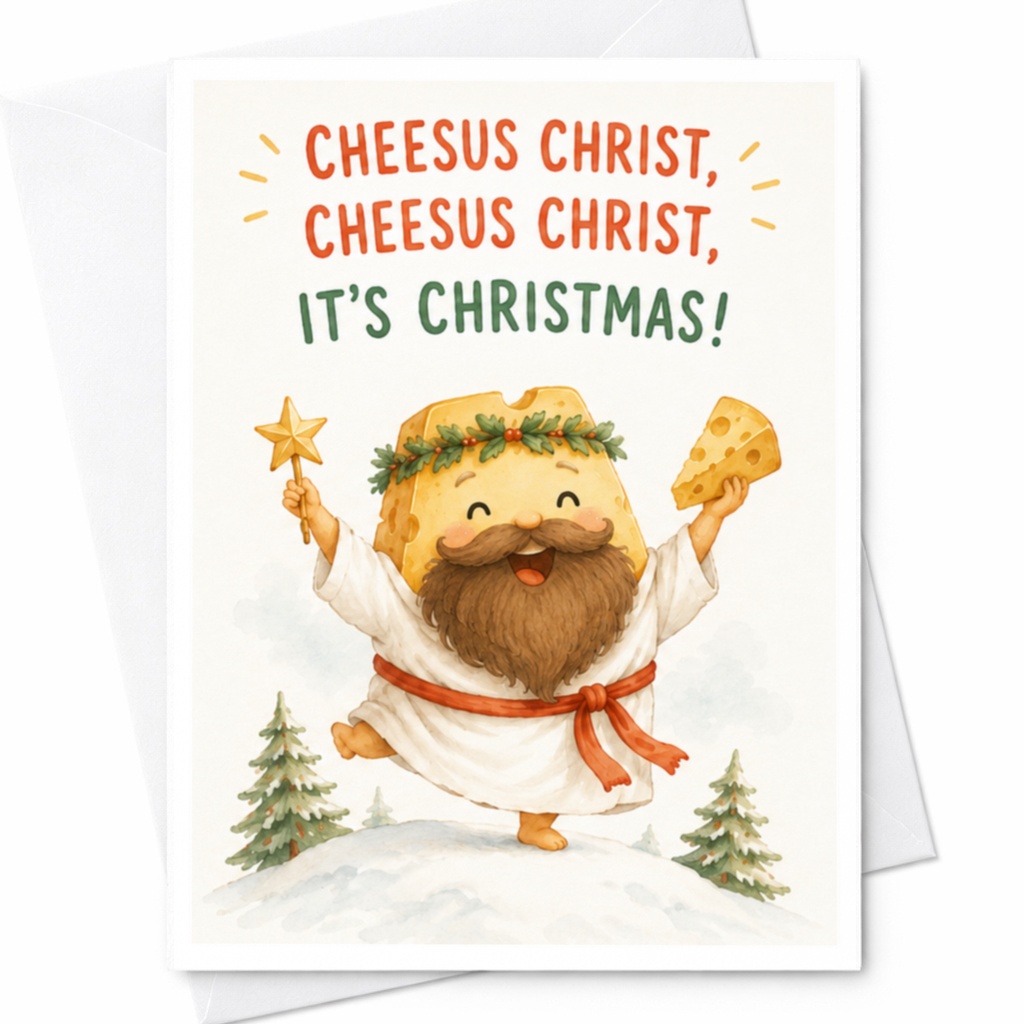 Cheesus Christ, Cheesus Christ, It's Christmas! Funny Christmas Card Cheese Lover Holiday Greeting Card Cute Festive C4498