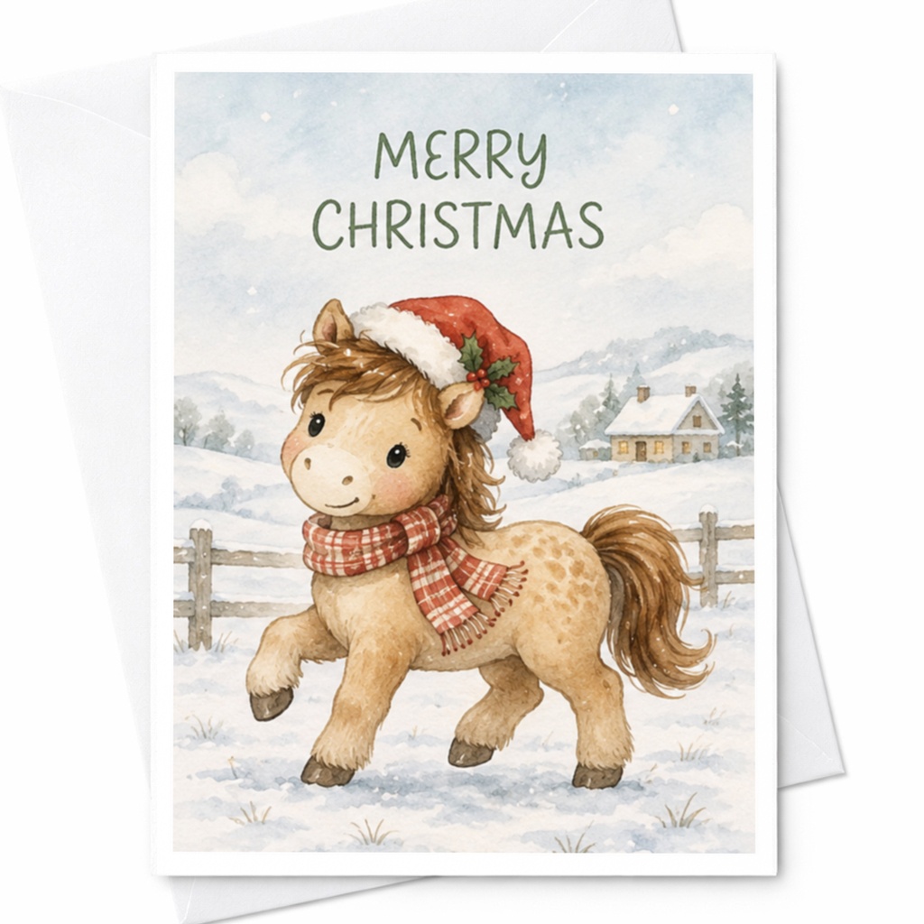 Merry Christmas Cute Pony Christmas Card Adorable Holiday Greeting Card For Kids Animal Lover Festive Winter Scene C4500