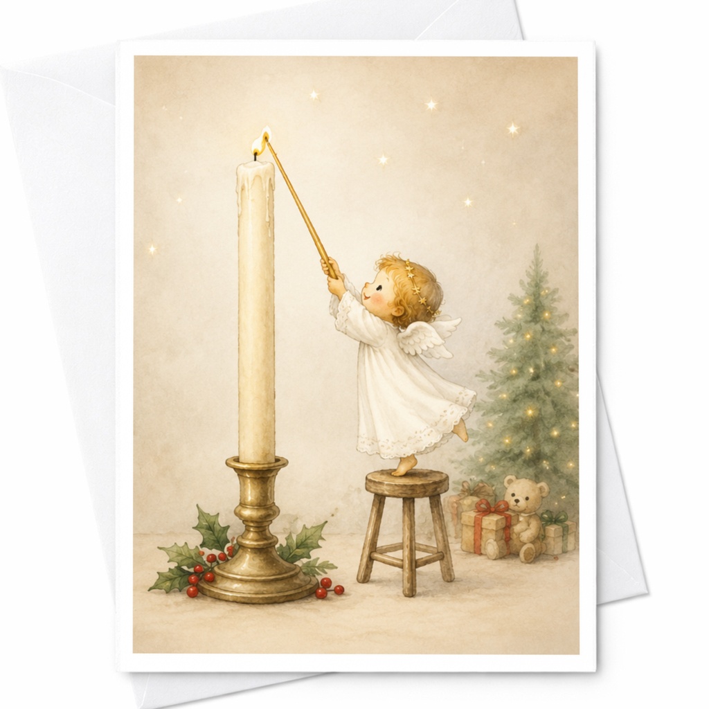 Angel Lighting Candle Christmas Greeting Card Cute Holiday Card For Kids Family Festive Illustration With Tree And Gifts C4504