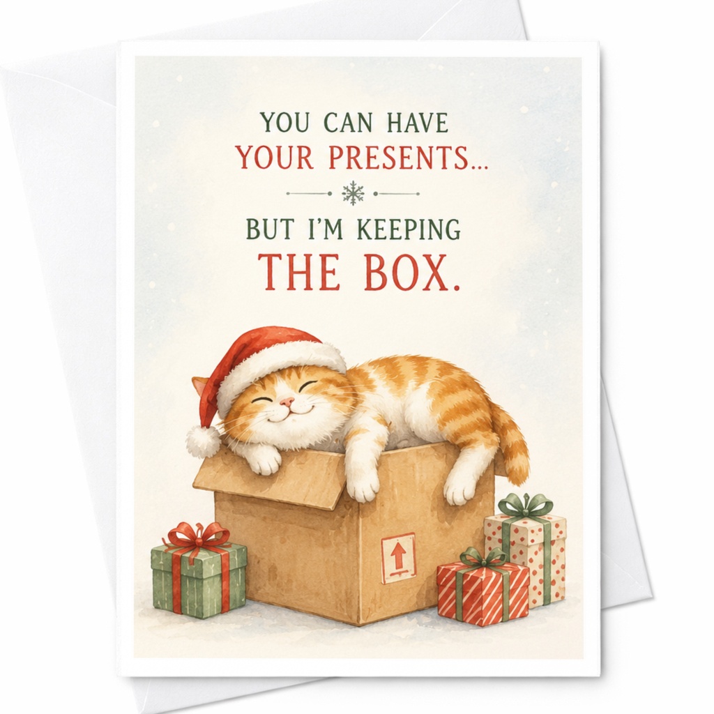 You Can Have Your Presents... But I'm Keeping The Box. Funny Cat Christmas Card Cute Holiday Greeting Card For Cat Lover C4461