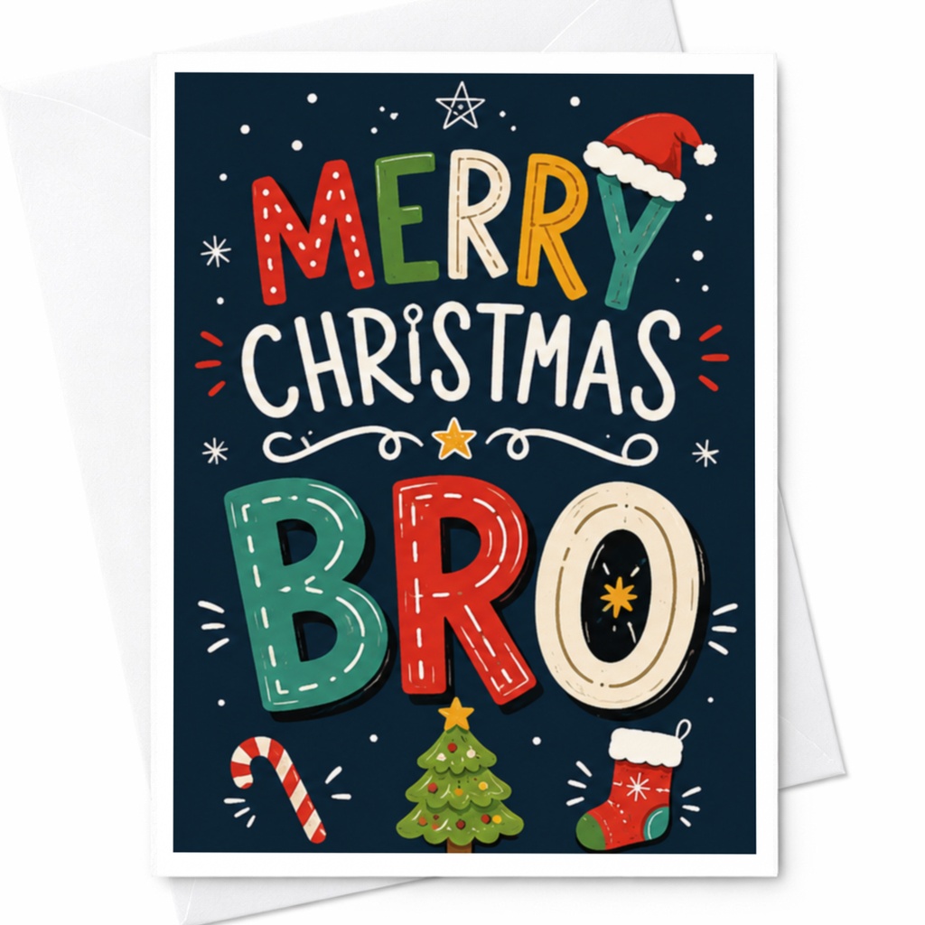 Merry Christmas Bro Festive Christmas Card For Brother Cute Holiday Greeting Card With Santa Hat Tree Stocking C4462