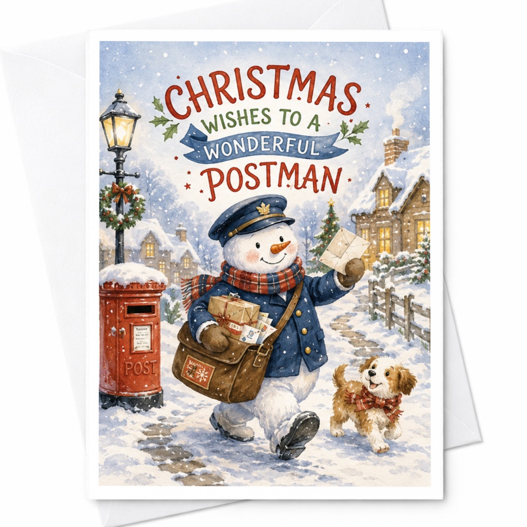 Christmas Wishes To A Wonderful Postman Christmas Card Snowman Postman Holiday Greeting Card For Mail Carrier Cute Winter Scene C4505