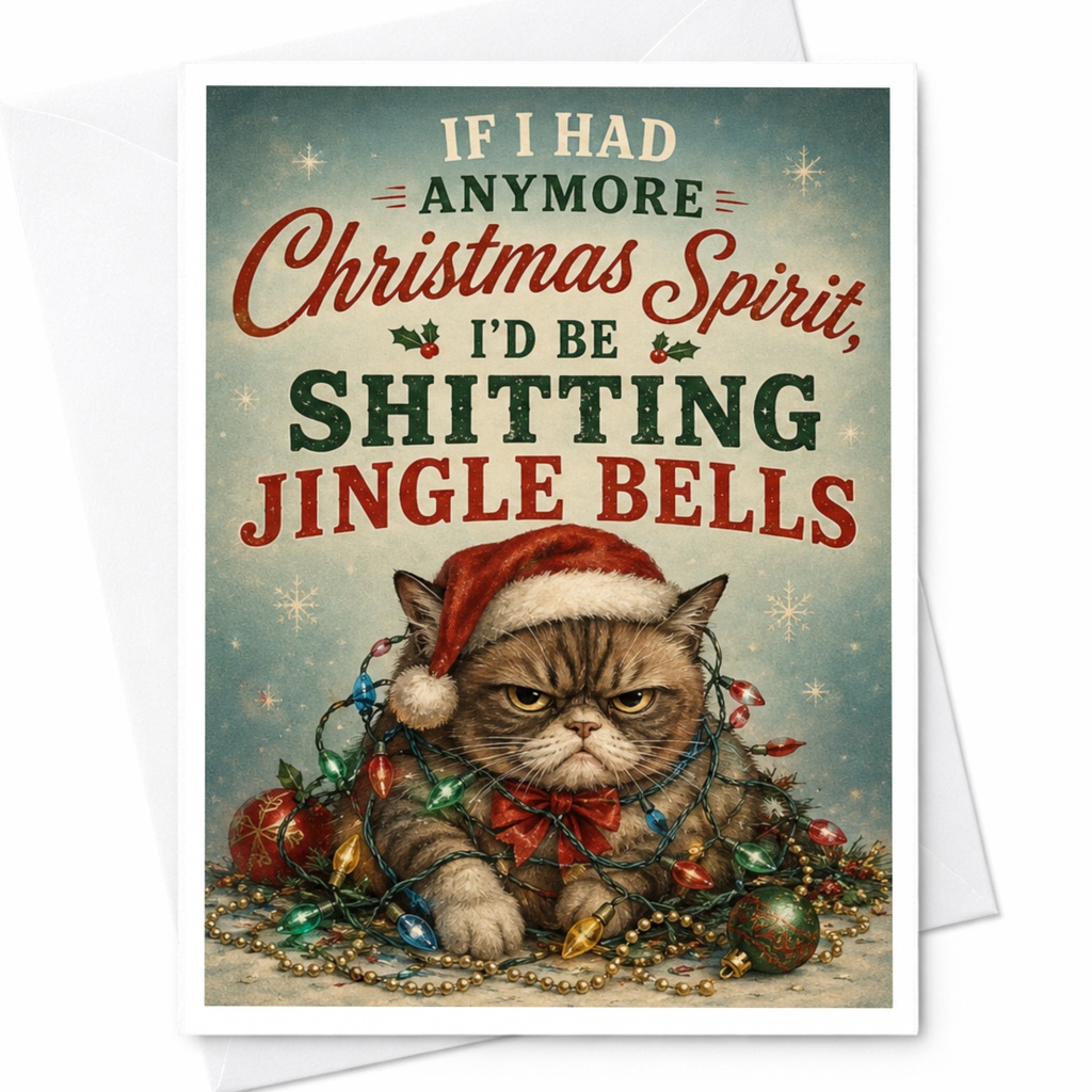 If I Had Anymore Christmas Spirit I'd Be Shitting Jingle Bells Funny Christmas Card Grumpy Cat Holiday For Cat Lovers C4463