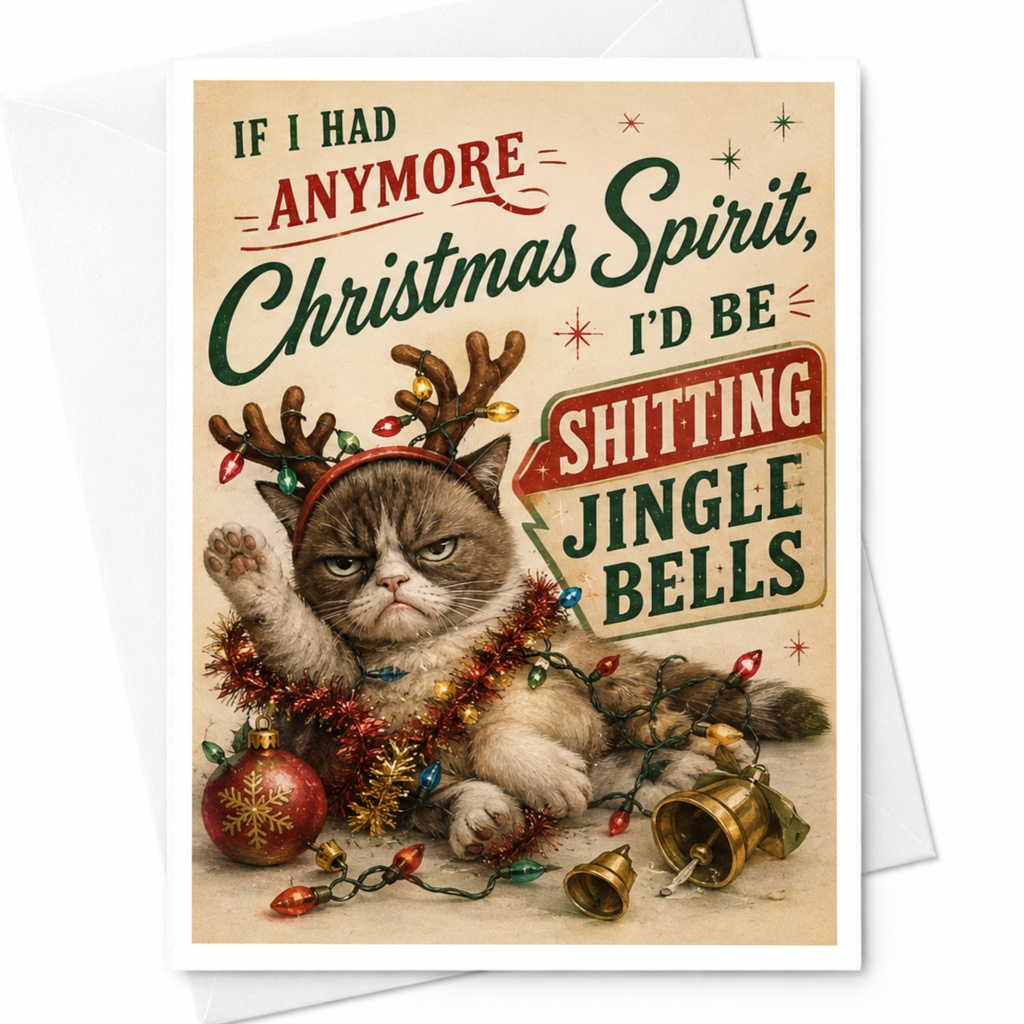 If I Had Anymore Christmas Spirit, I'd Be Shitting Jingle Bells Funny Christmas Card Grumpy Cat Holiday For Cat Lovers C4464