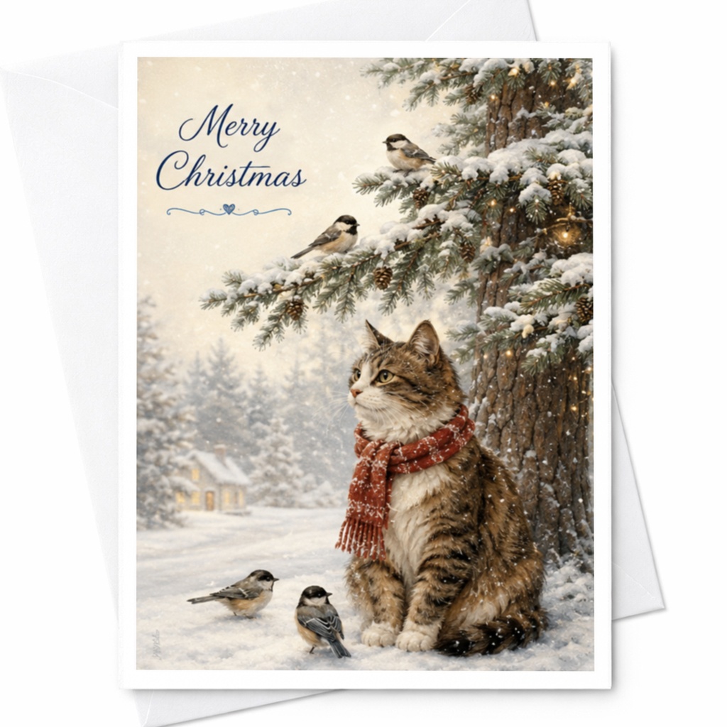 Merry Christmas Cat With Birds Christmas Card Cute Winter Scene Holiday Greeting Card For Cat Lover Animal Lover C4507