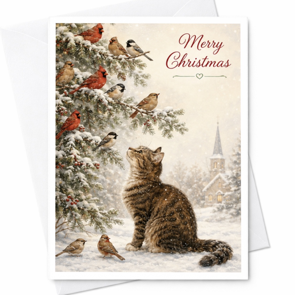 Merry Christmas Cat And Birds Card Cute Holiday Greeting Card Winter Scene Christmas Card For Animal Lovers C4508