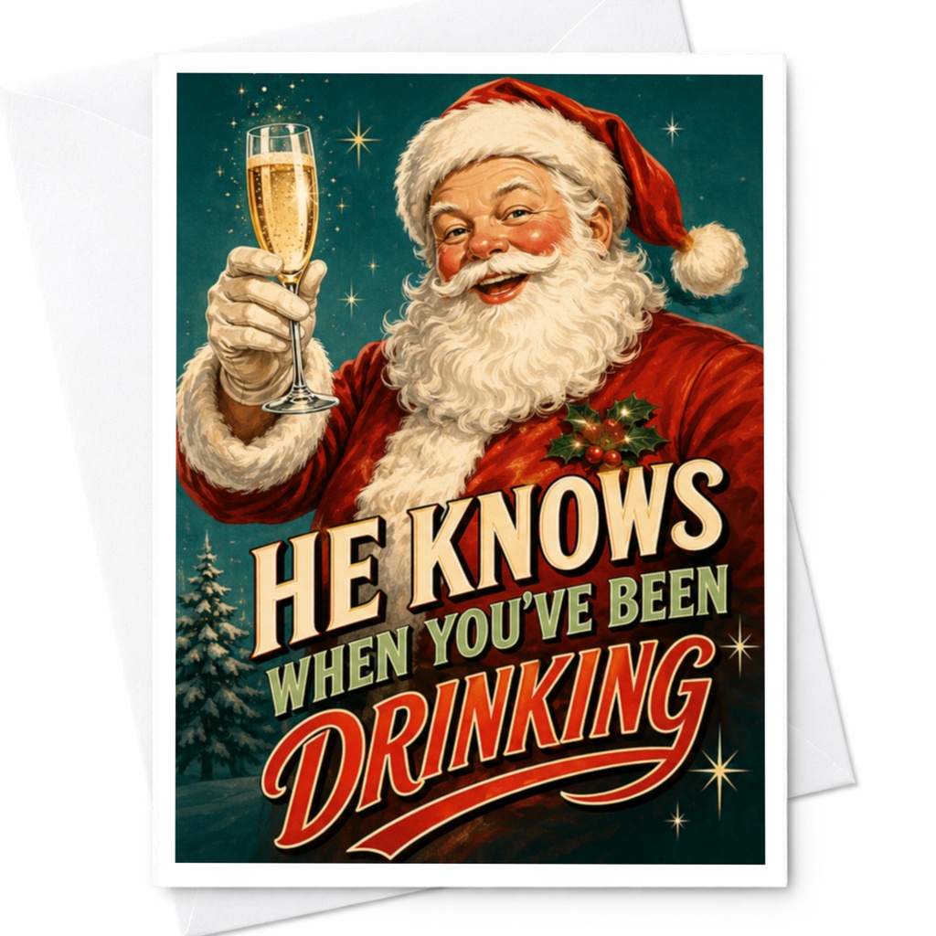 He Knows When You've Been Drinking Funny Christmas Card Santa Holiday Greeting Card For Friends Festive Celebration C4509