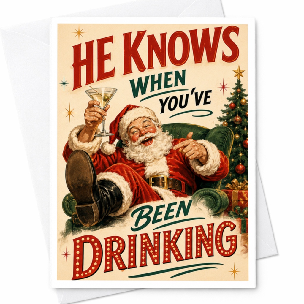 He Knows When You've Been Drinking Funny Christmas Card Santa Holiday Greeting Card For Friends Family Festive Cheer C4510