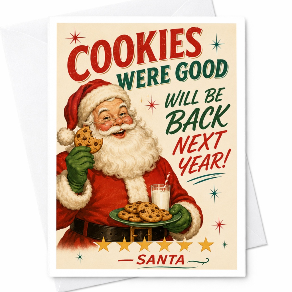 Cookies Were Good Will Be Back Next Year! - Santa Funny Christmas Card Santa Claus Holiday Greeting Card For Friends Family C4469