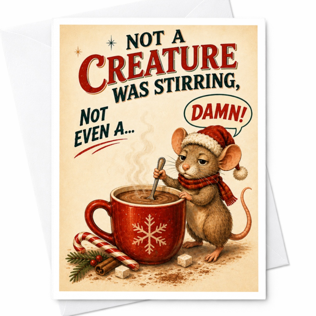 Not A Creature Was Stirring, Not Even A... Damn! Funny Christmas Card Cute Mouse Hot Chocolate Holiday Greeting Card C4513