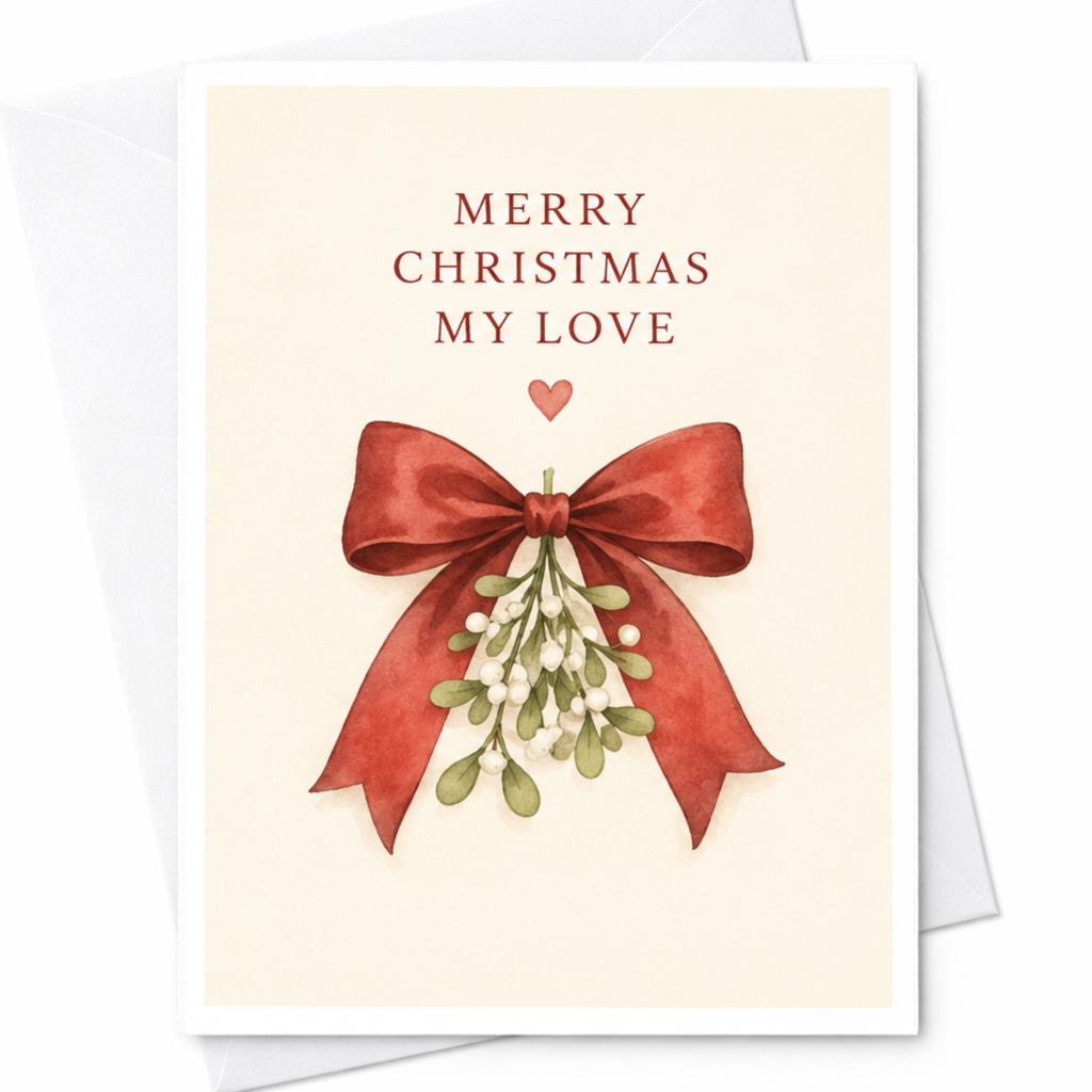 Merry Christmas My Love Romantic Christmas Card For Partner Mistletoe Red Bow Holiday Greeting Card For Him Her C4515