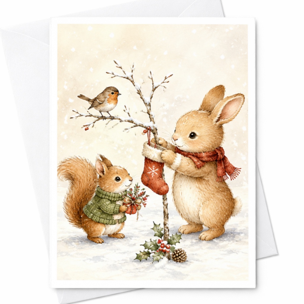 Bunny And Squirrel Christmas Card Cute Animal Holiday Greeting Card Woodland Winter Scene For Animal Lovers Festive Season C4472