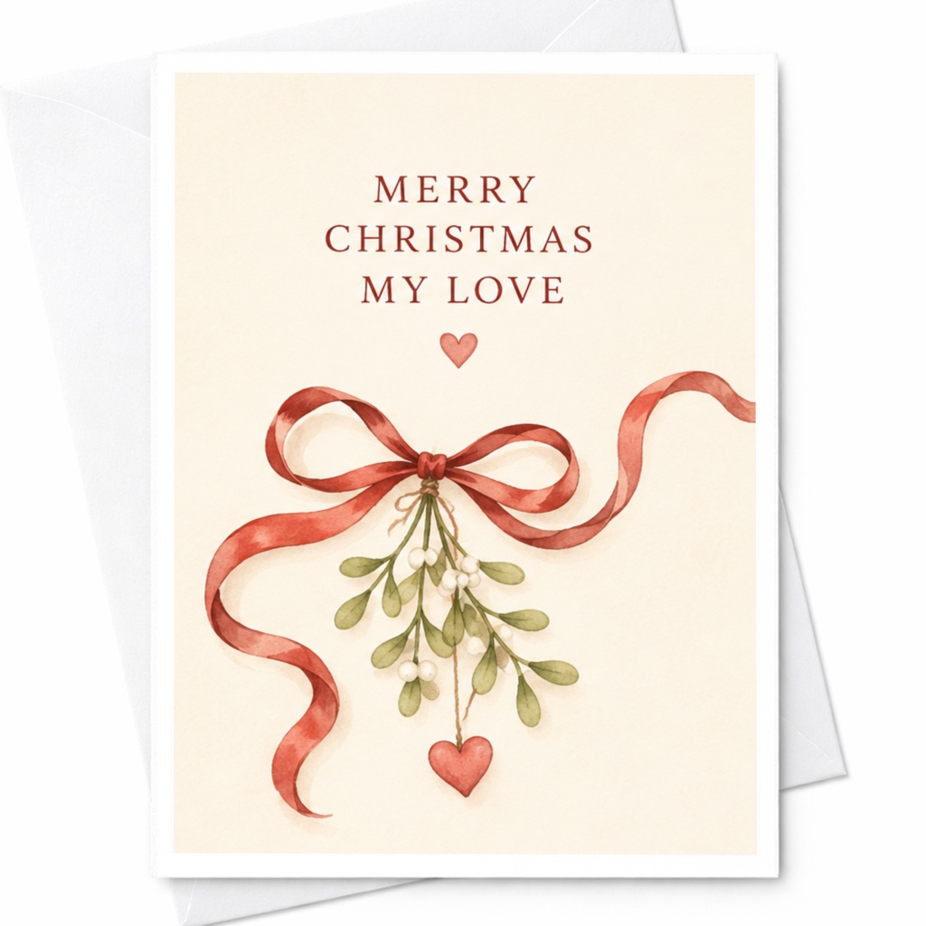 Merry Christmas My Love Romantic Christmas Card For Partner Watercolor Mistletoe With Heart Holiday Greeting Card C4516