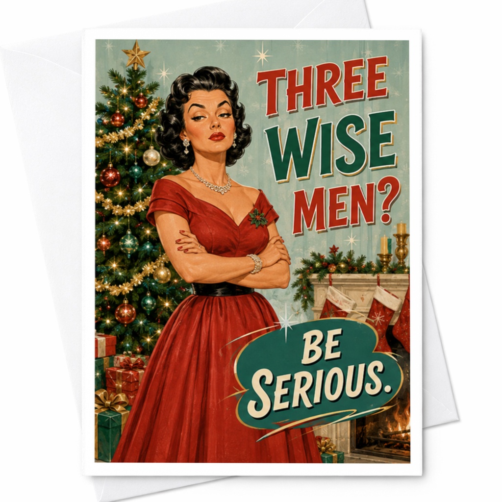 Three Wise Men? Be Serious. Funny Christmas Card Retro Holiday Greeting Card For Her Xmas Card Vintage Style C4517
