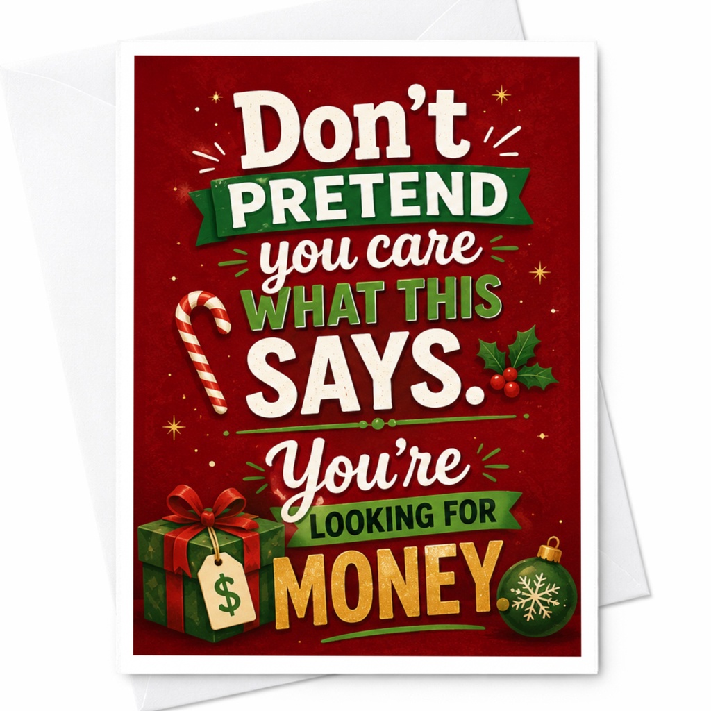 Don't Pretend You Care What This Says. You're Looking For Money. Funny Christmas Card Holiday Greeting For Friends Family C4473