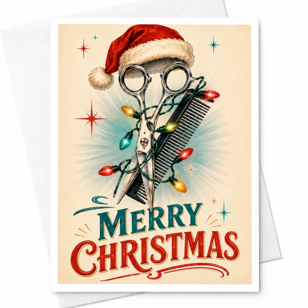 Merry Christmas Hairdresser Christmas Card Scissors Comb Santa Hat Lights Festive Holiday Greeting Card For Barber Stylist C4475