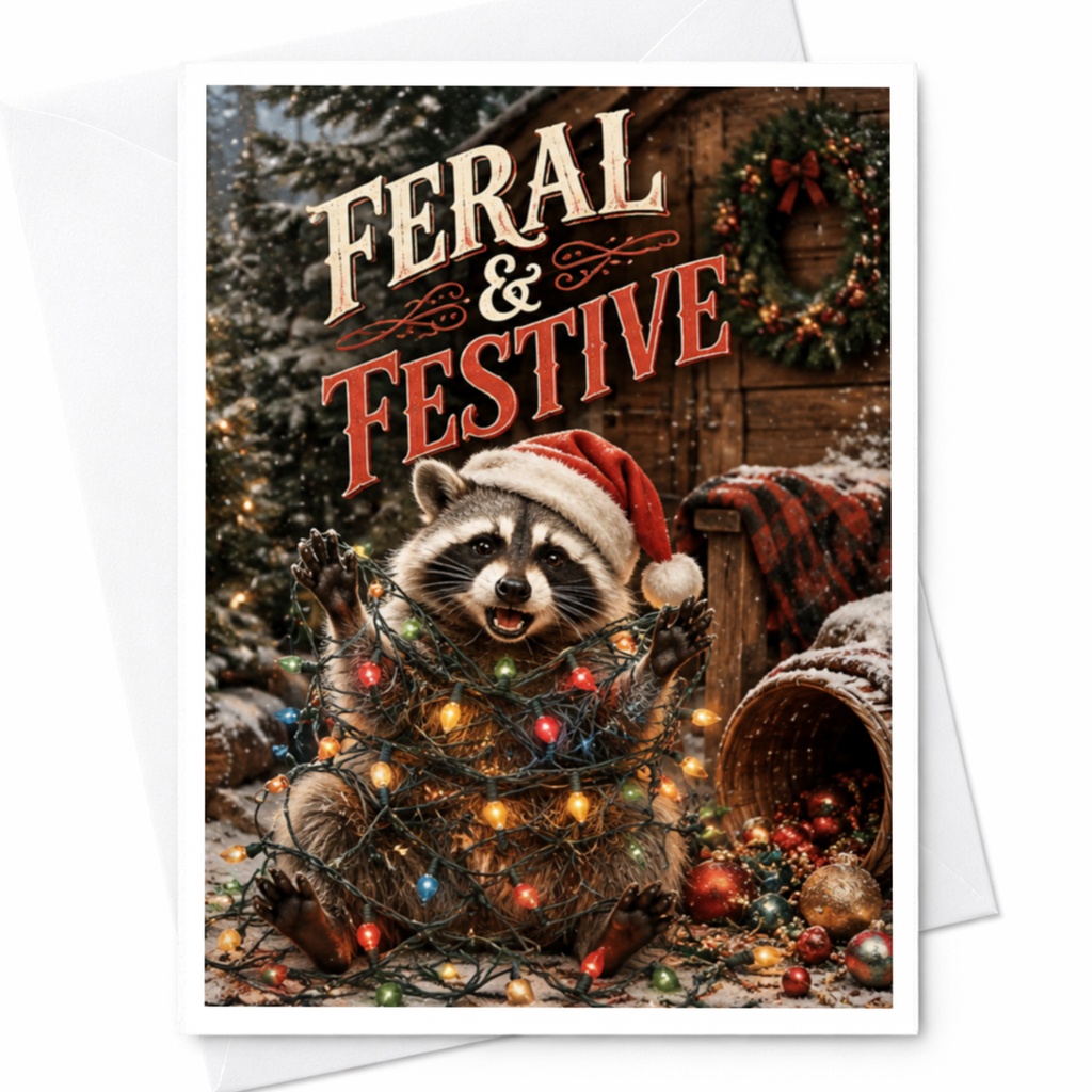 Feral & Festive Christmas Card Cute Raccoon Holiday Card Funny Animal Greeting Card For Granddaughter From Grandparents C4479