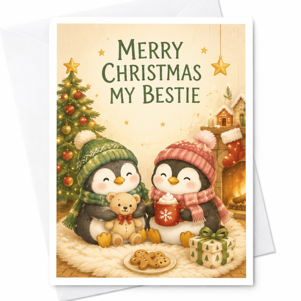 Merry Christmas My Bestie Cute Penguin Christmas Card For Friend Holiday Greeting Card Cozy Winter Scene With Gifts C4481