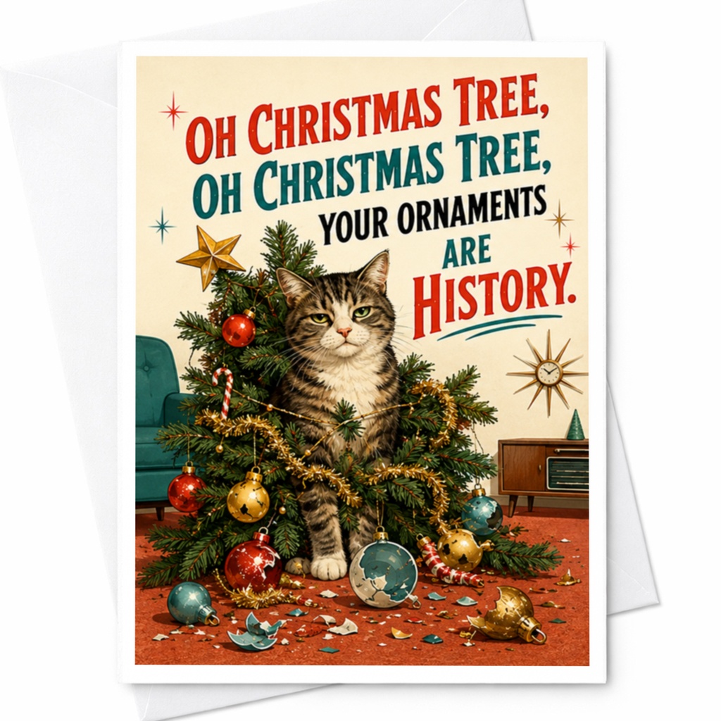 Oh Christmas Tree, Oh Christmas Tree, Your Ornaments Are History. Funny Cat Christmas Card Holiday For Cat Lovers C4489