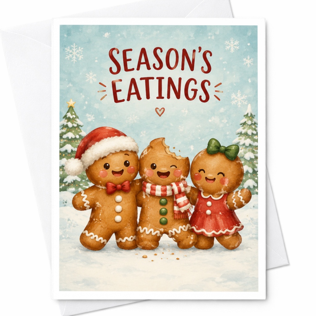 Season's Eatings Christmas Card Cute Gingerbread Characters Holiday Greeting Card Festive Winter Scene For Family Friends C4493