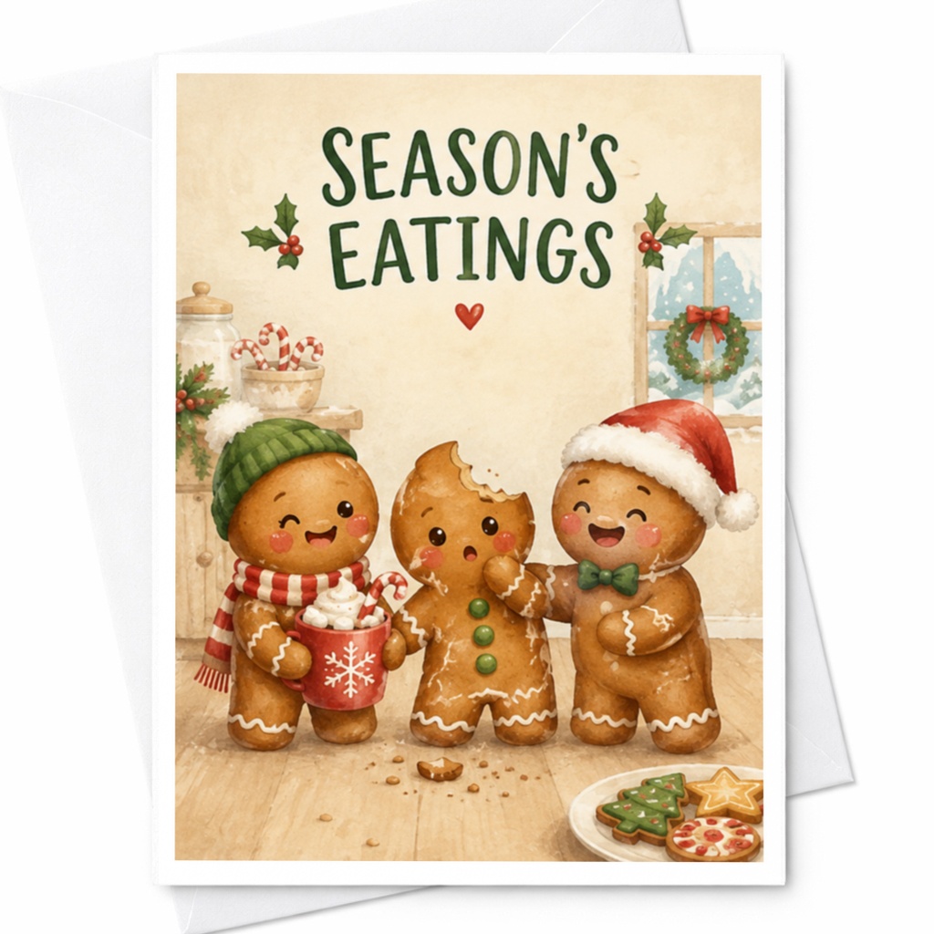 Season's Eatings Christmas Card Cute Gingerbread Characters Holiday Greeting Card Festive Winter Scene For Family Friends C4494