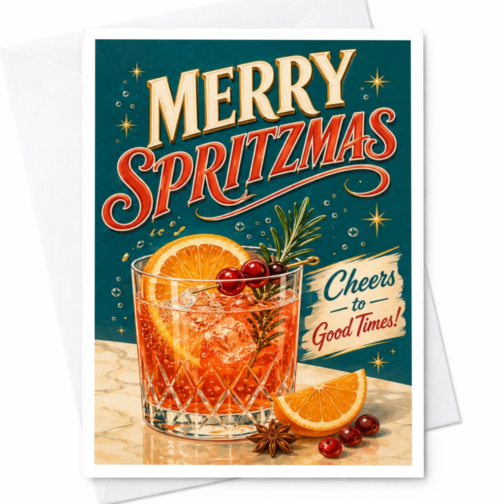 Merry Spritzmas Cheers To Good Times! Vintage Christmas Card Funny Holiday Greeting For Friends Festive Cocktail C4495
