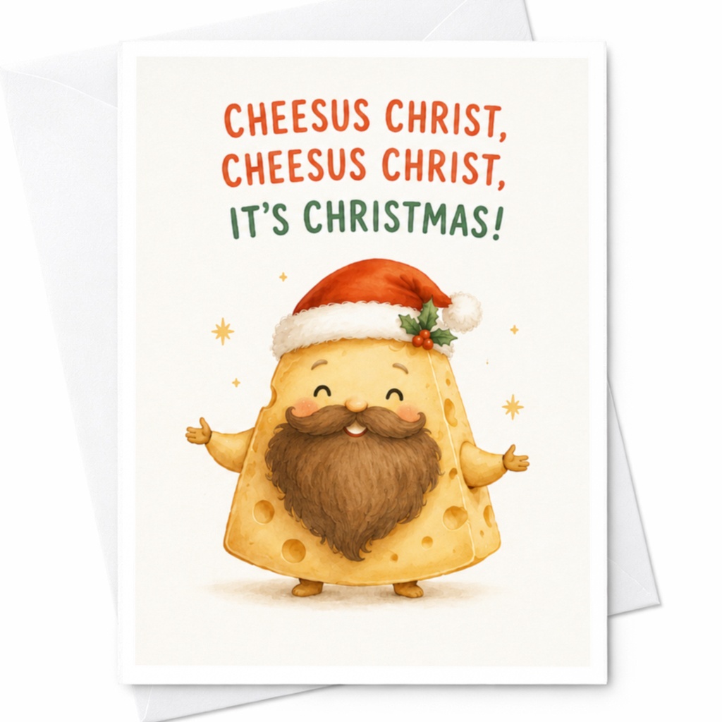 Cheesus Christ, Cheesus Christ, It's Christmas! Funny Christmas Card Cheese Lover Holiday Greeting Card Cute Santa C4497