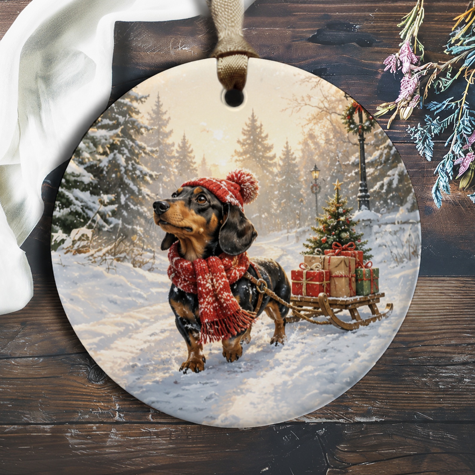 Dachshund Christmas Ornament Cute Dog Pulling Sled With Gifts Winter Holiday Decor For Dog Lovers Festive Tree Decoration O465