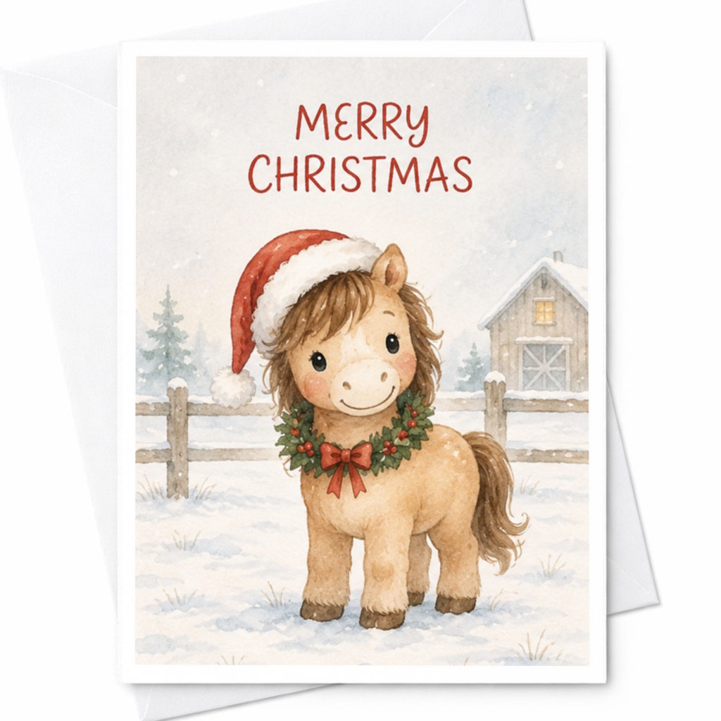 Merry Christmas Cute Pony Christmas Card Adorable Horse Holiday Greeting Card For Kids Animal Lover Festive Winter Scene C4499