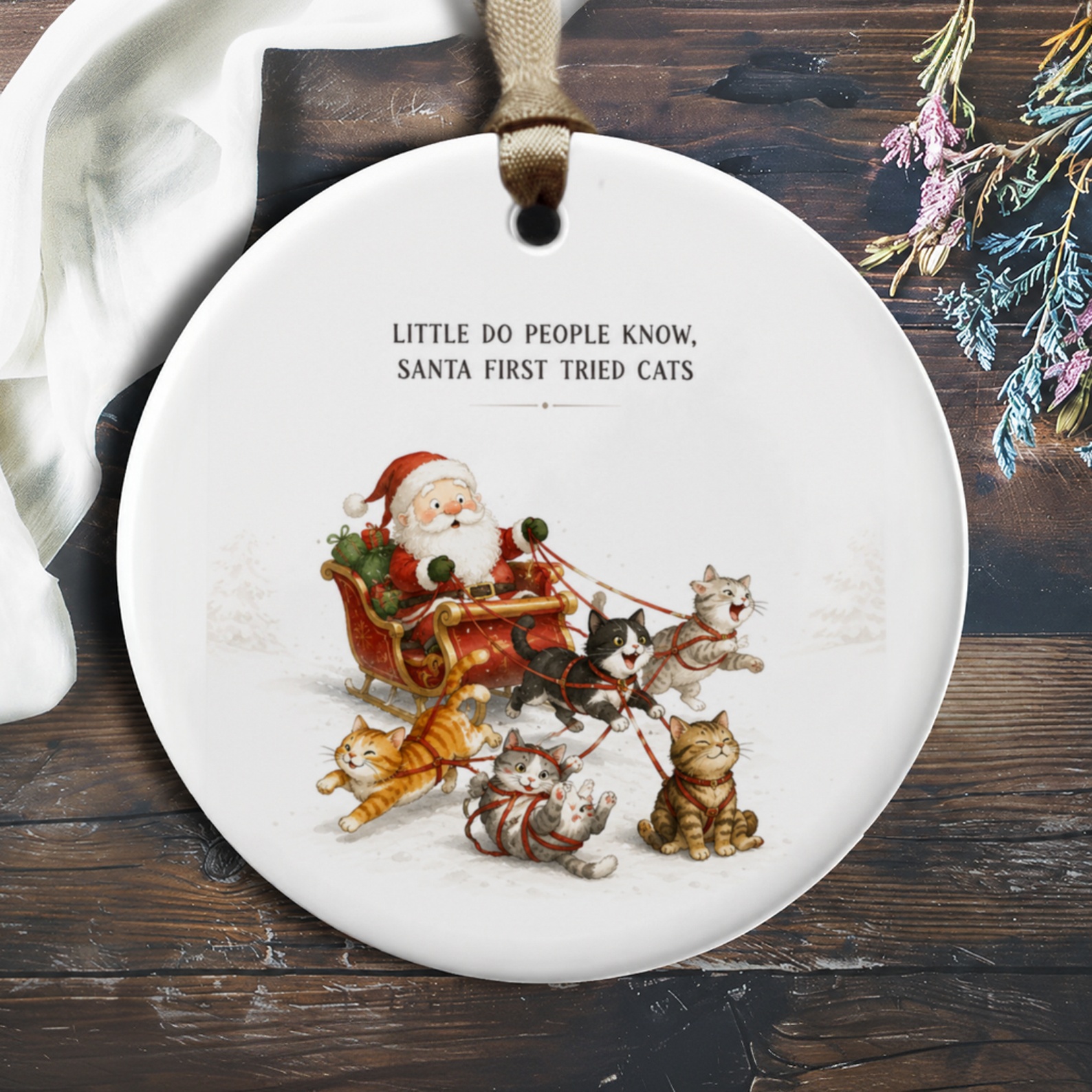 Little Do People Know, Santa First Tried Cats Funny Christmas Ornament Cat Lover Holiday Decor Cute Santa Sleigh O470