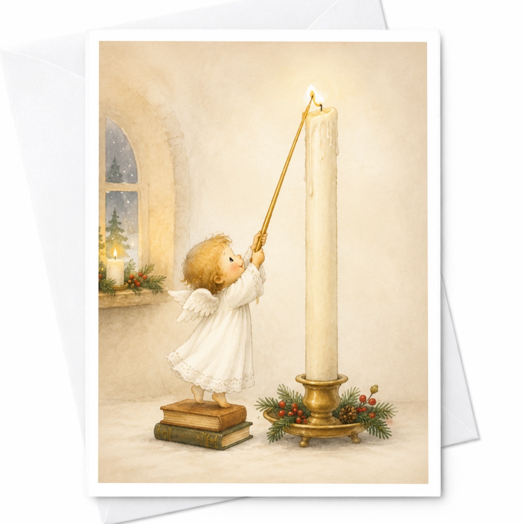 Angel Lighting Candle Christmas Greeting Card Holiday Angelic Scene Cute Christmas Card For Family Friends Festive Art C4503