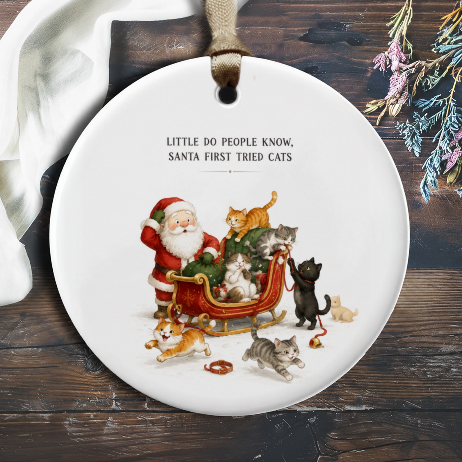 Little Do People Know, Santa First Tried Cats Funny Christmas Ornament Cat Lover Holiday Decor Cute Santa Sleigh O471