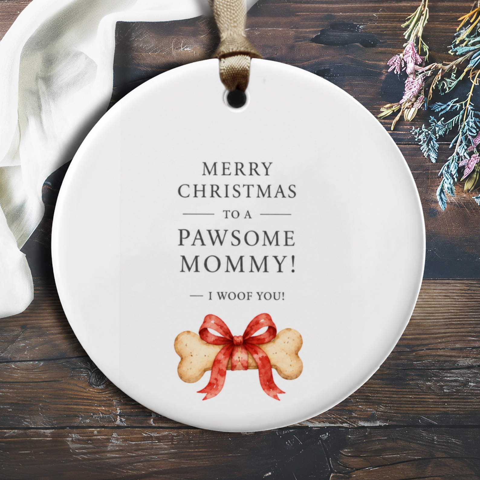 Merry Christmas To A Pawsome Mommy! I Woof You! Dog Lover Ornament Christmas Gift For Dog Mom Cute Holiday Decor O472