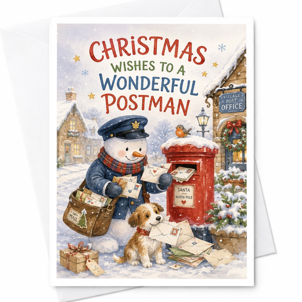 Christmas Wishes To A Wonderful Postman Christmas Card Snowman Postman Holiday Greeting Card For Mail Carrier Festive Winter Scene C4506