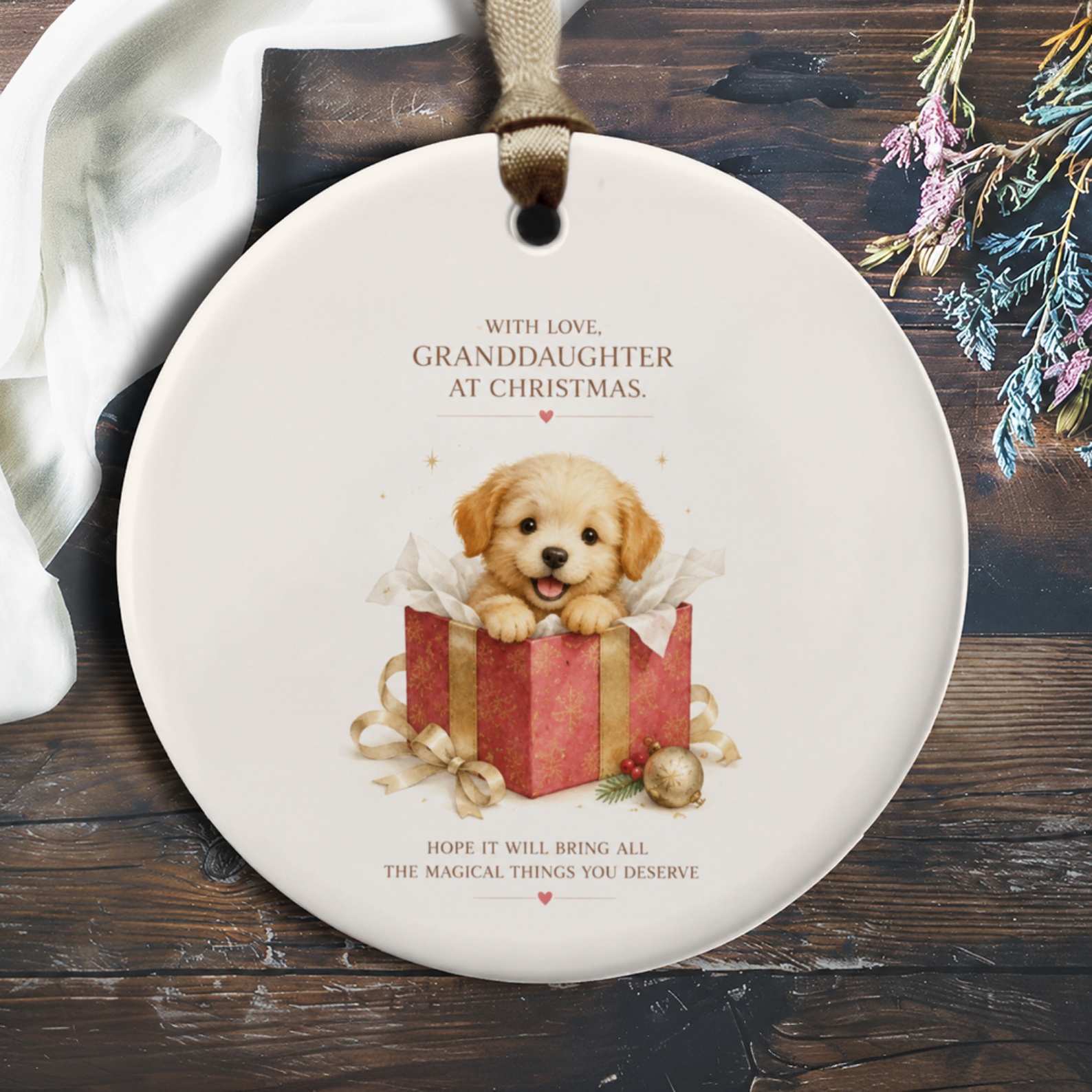 With Love, Granddaughter At Christmas Ornament Cute Puppy Gift Box Christmas Ornament For Granddaughter Holiday Decor O482