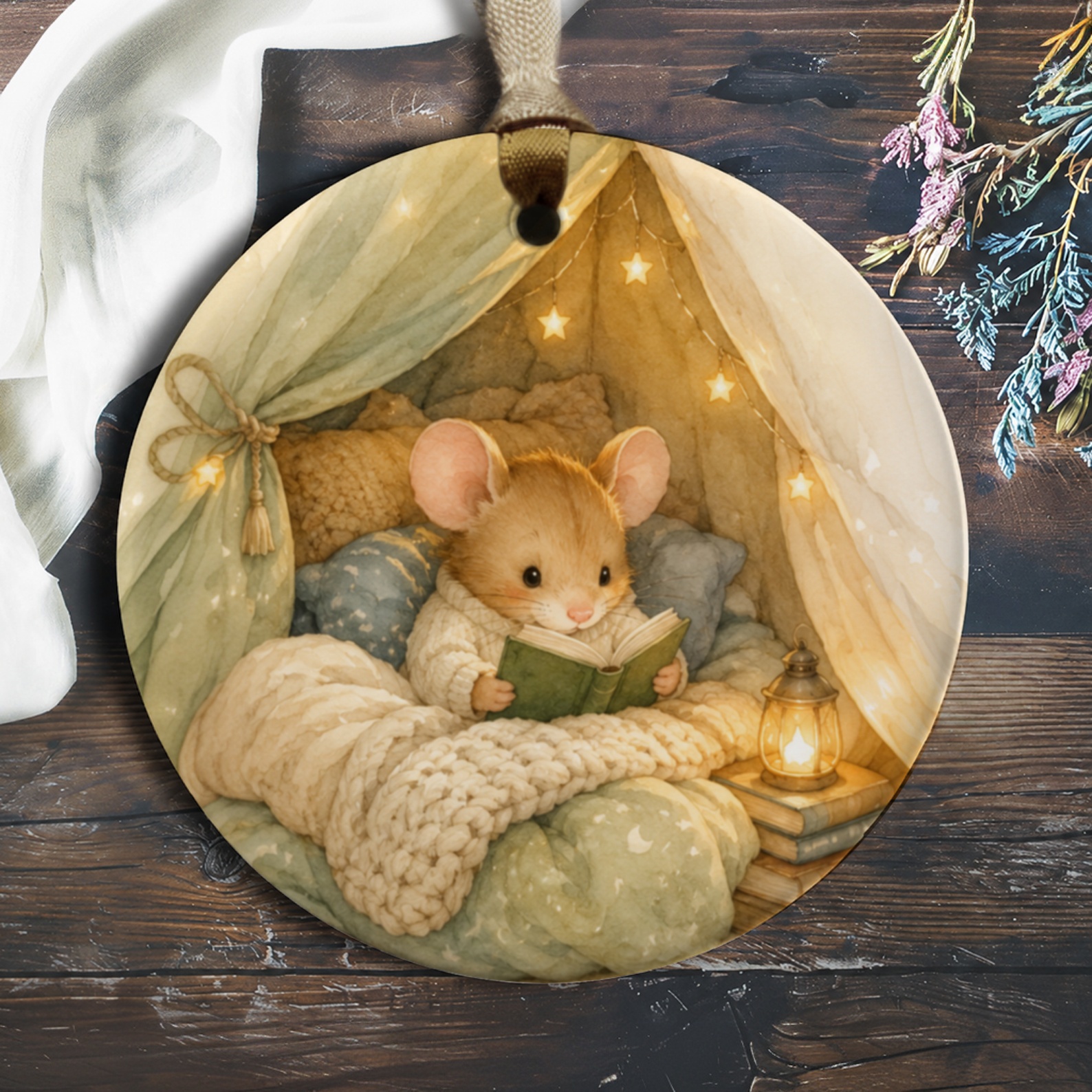 Cozy Mouse Reading Ornament Cute Animal Decor Starry Tent Scene For Book Lovers Whimsical Home Decoration Gift O485