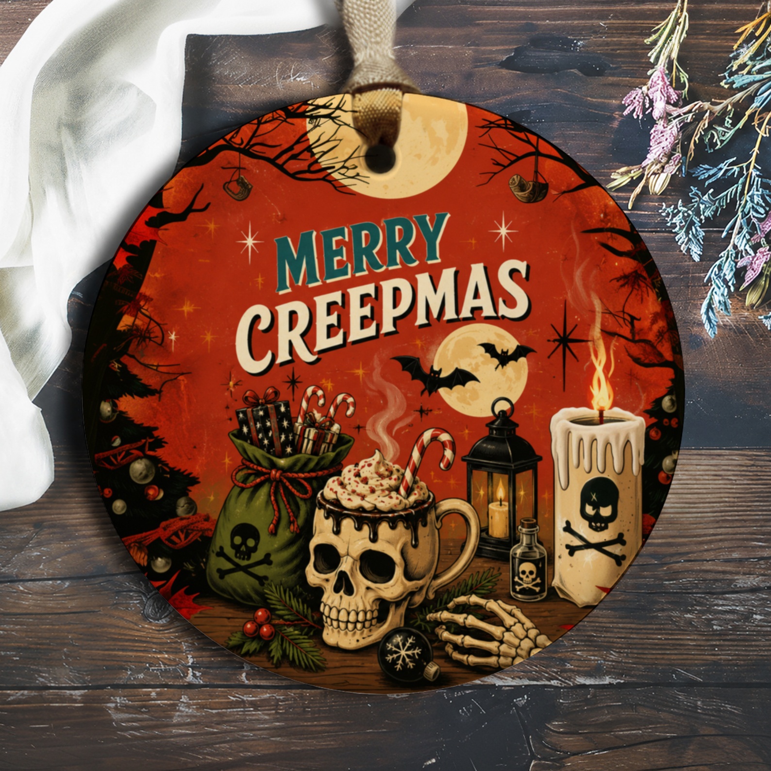 Merry Creepmas Halloween Christmas Ornament Skull Holiday Decor Spooky Festive Decoration Gothic Style O486