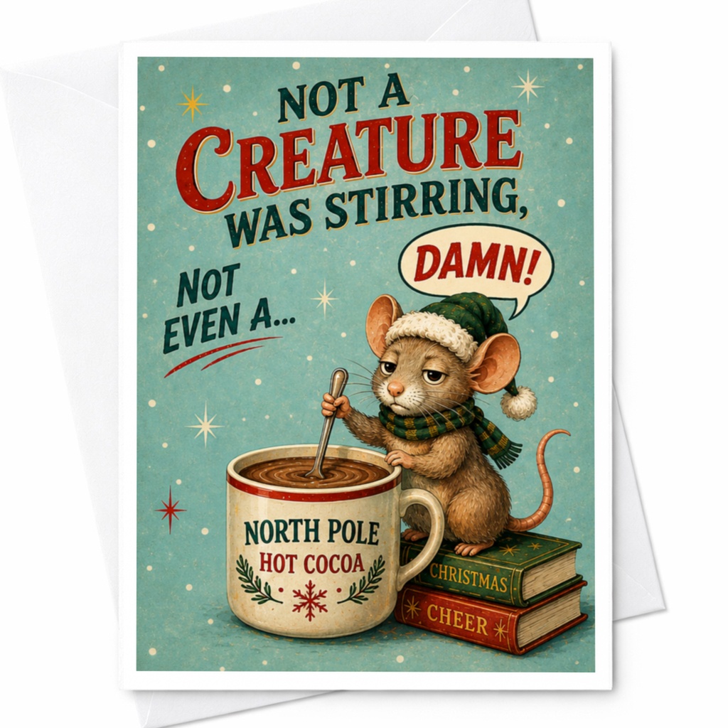 Not A Creature Was Stirring, Not Even A... Damn! Funny Christmas Card Cute Mouse Hot Cocoa Holiday Greeting Card C4514