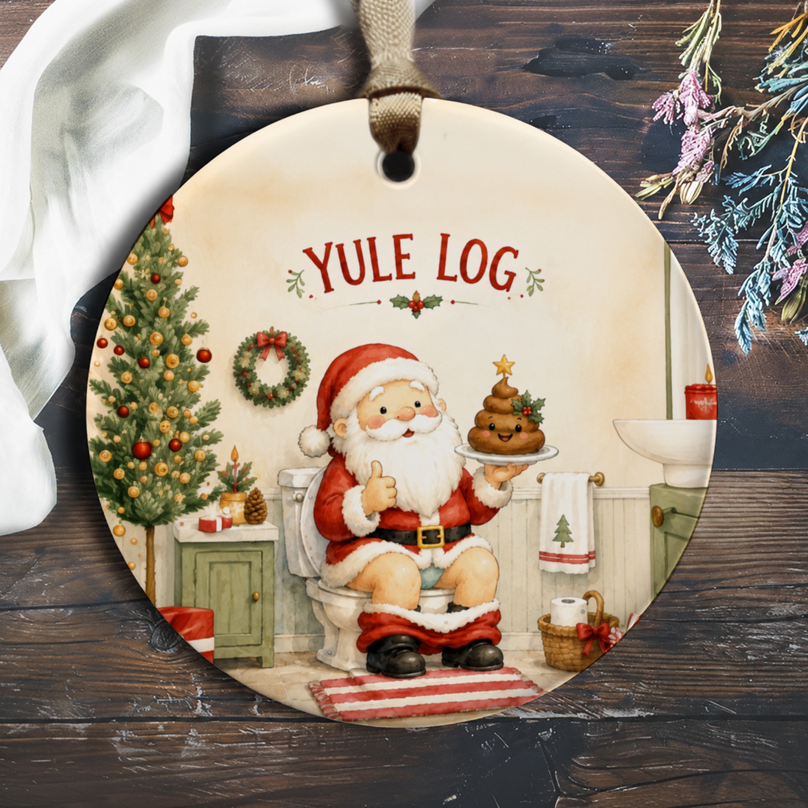 Yule Log Funny Santa Ornament Christmas Decor Holiday Tree Decoration Cute Festive Gift Idea O490
