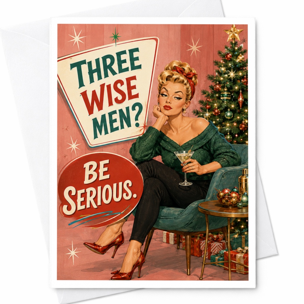 Three Wise Men? Be Serious. Funny Christmas Card Retro Holiday Greeting Card For Her Vintage Style Xmas C4518