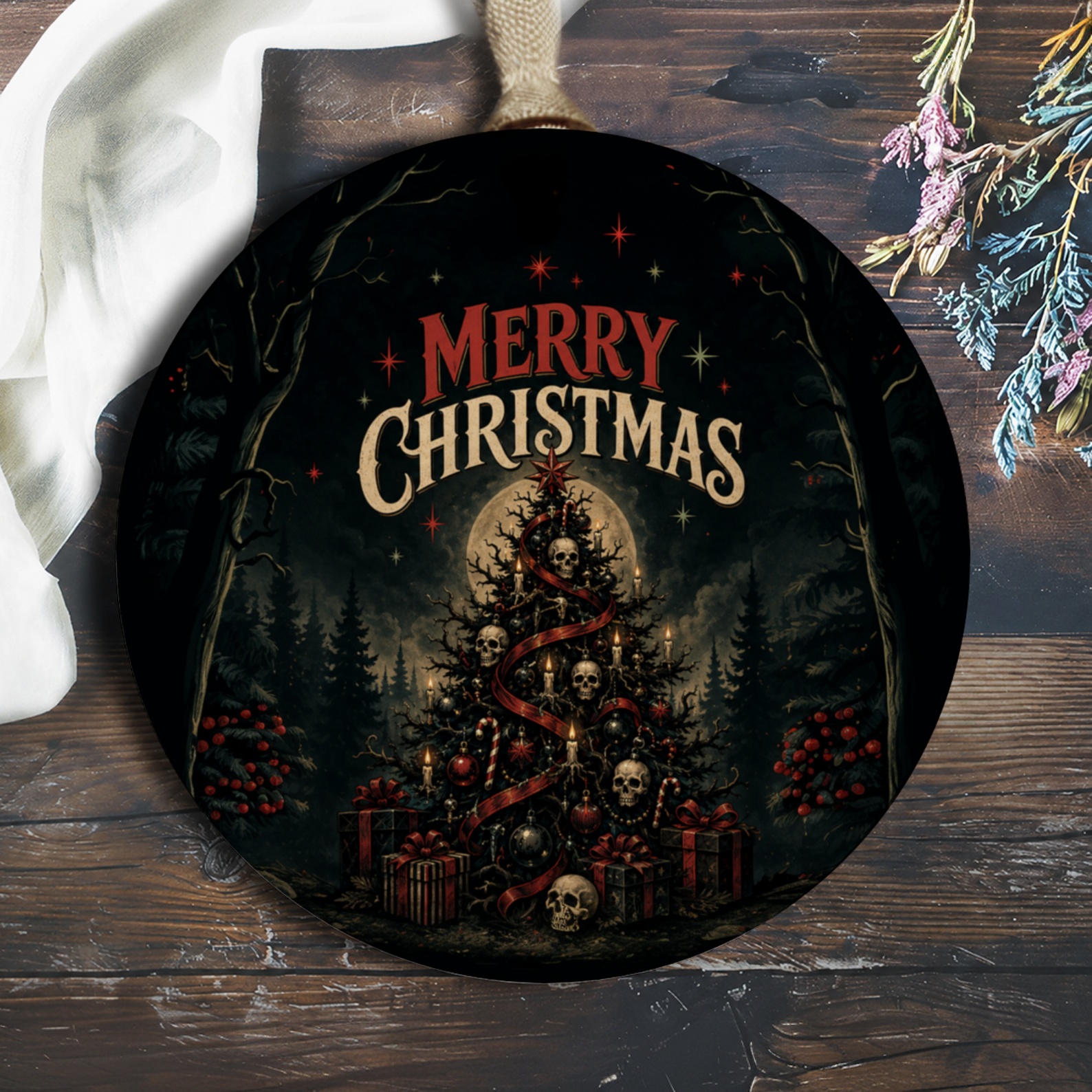Merry Christmas Gothic Ornament Dark Christmas Tree With Skulls Unique Holiday Decor Spooky Xmas Gift O498