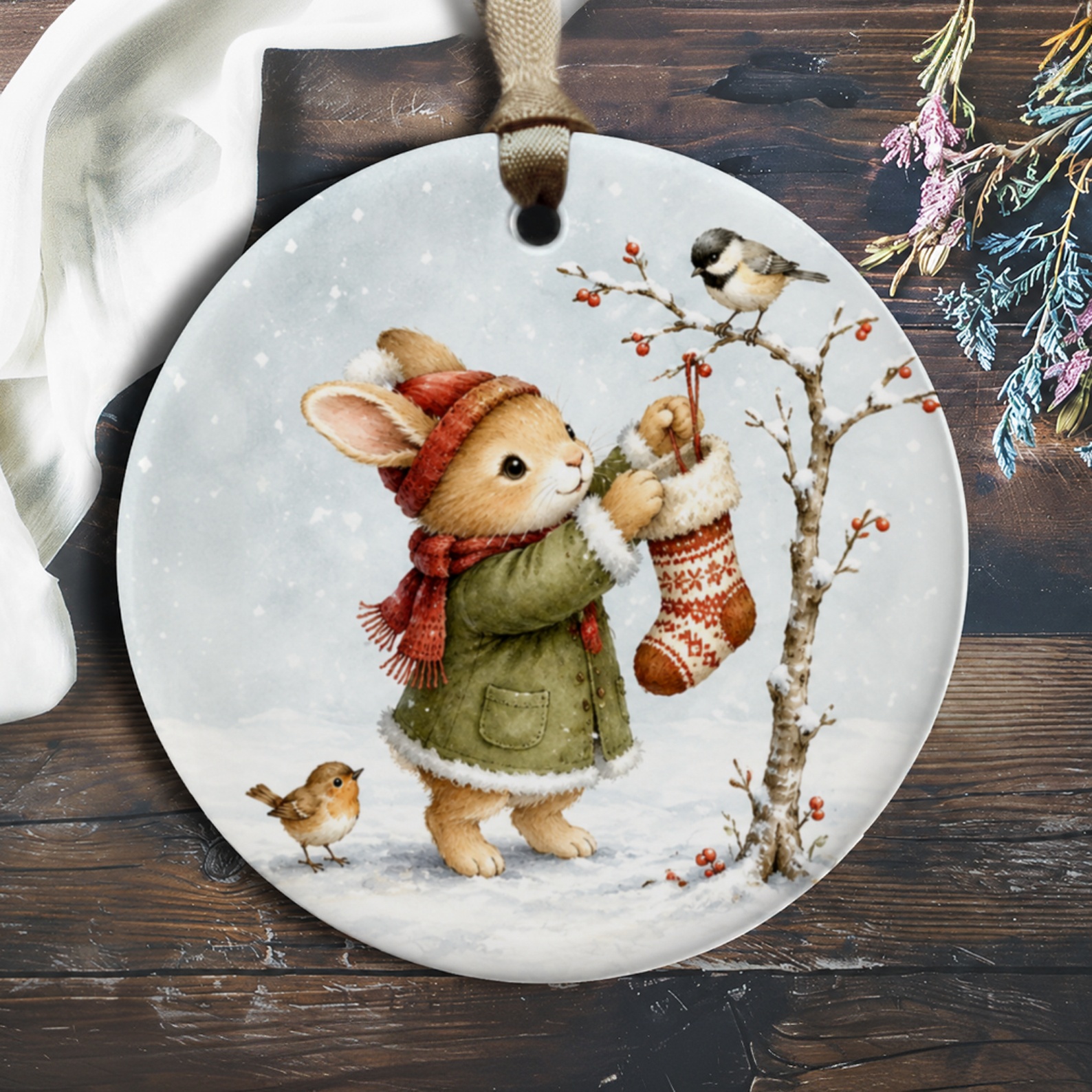 Bunny Hanging Stocking Ornament Cute Christmas Decor Woodland Animal Winter Scene Holiday Decoration For Kids Room O502