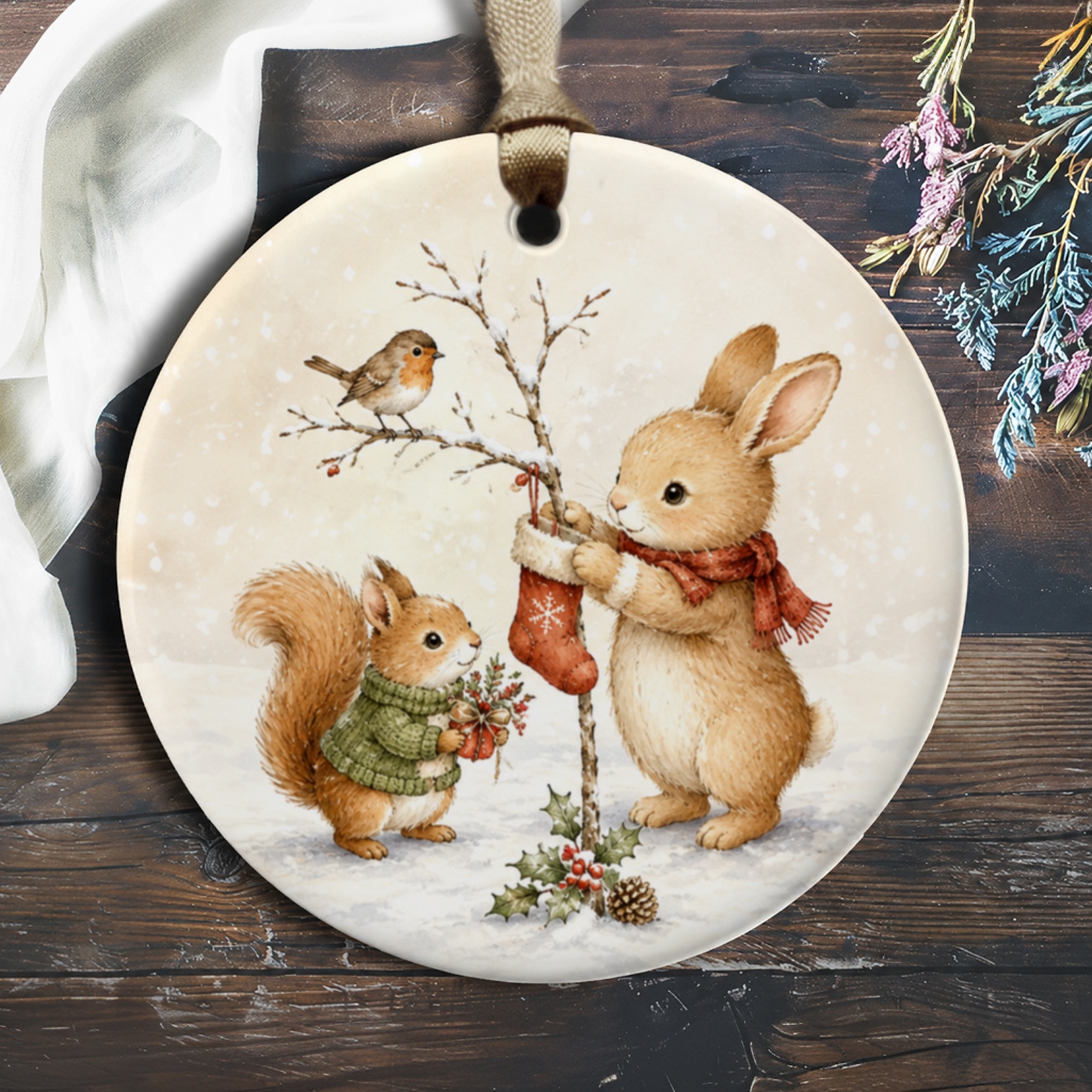 Bunny And Squirrel Christmas Ornament Cute Woodland Animal Holiday Decor Winter Scene Hanging Decoration For Nature Lovers O503