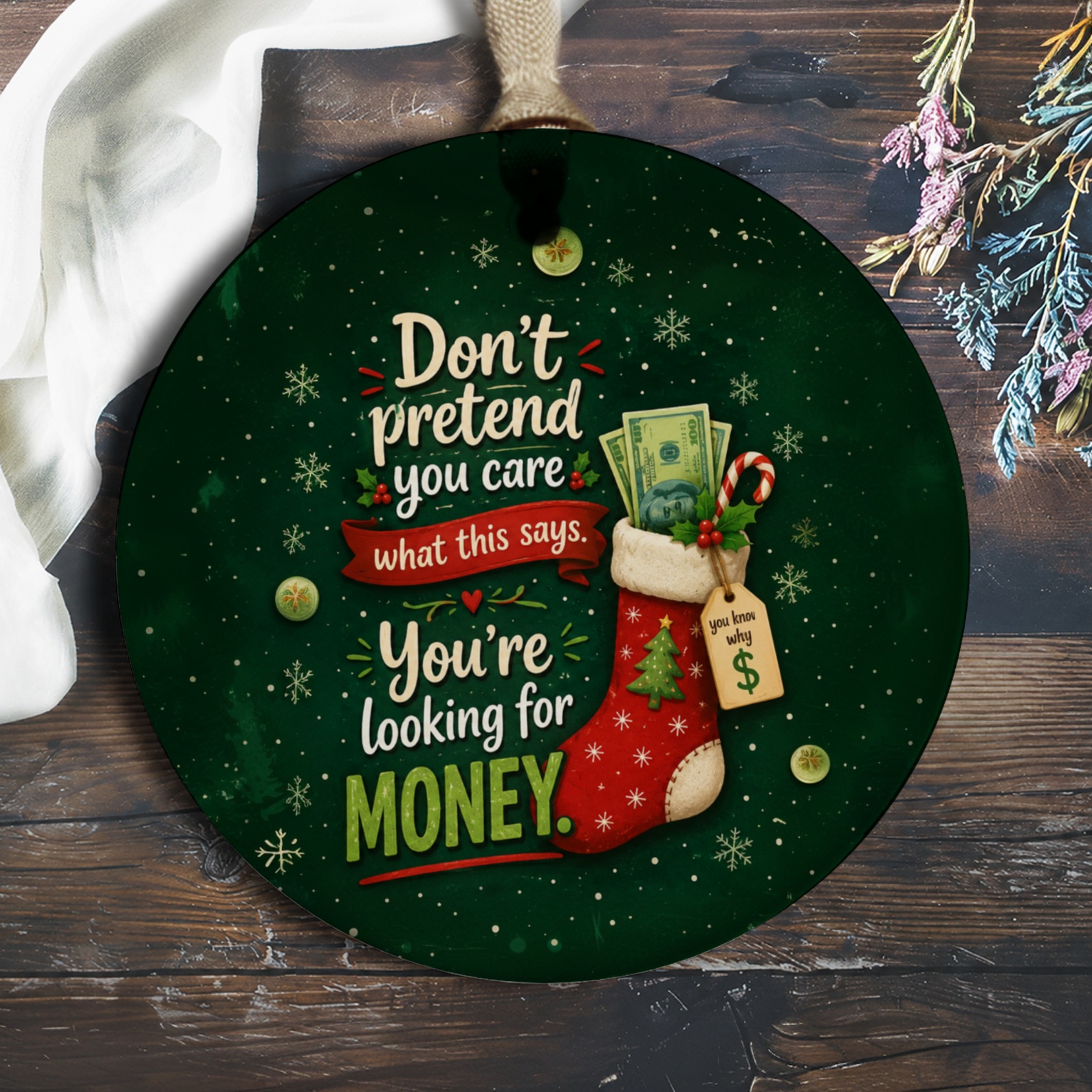 Don't Pretend You Care Funny Christmas Ornament Holiday Decor Stocking With Money Gift Idea For Friends Family O505