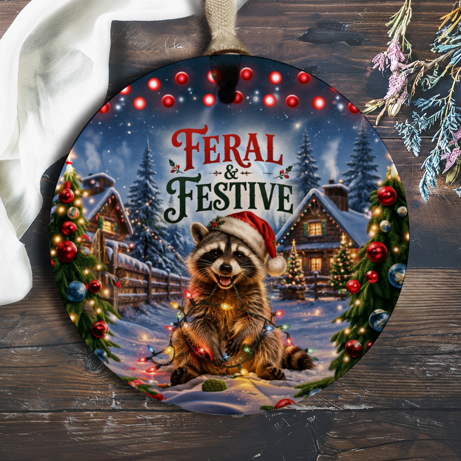 Feral & Festive Christmas Ornament Cute Raccoon Holiday Decor Winter Wonderland Scene Festive Tree Decoration O509
