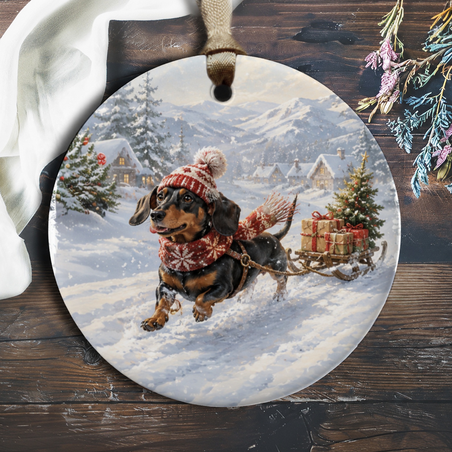 Dachshund Christmas Ornament Cute Dog Pulling Sled With Gifts Winter Holiday Decor For Dog Lovers Festive Tree Decoration O464