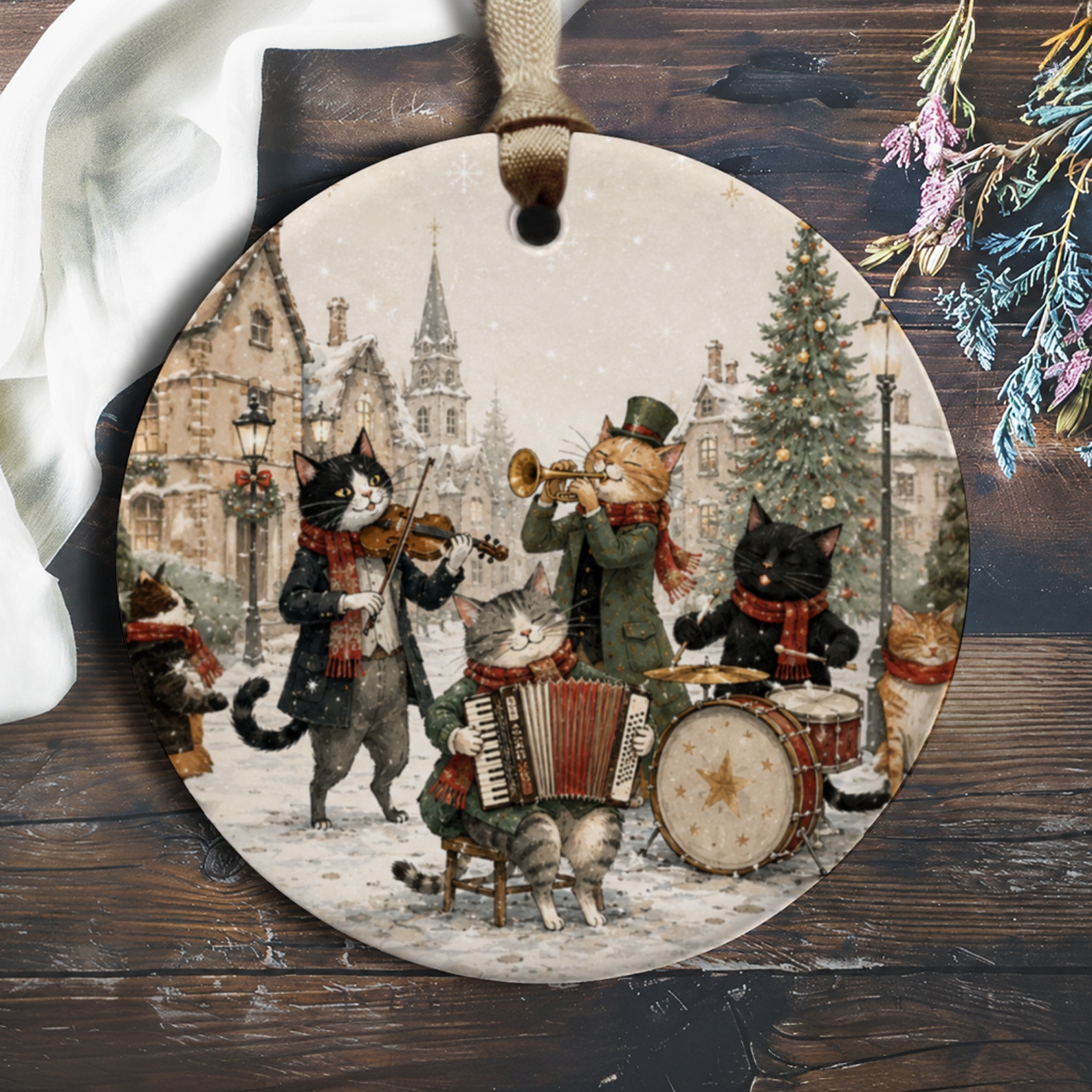 Cats Playing Instruments Christmas Ornament Festive Holiday Decor Cute Cat Lover Gift Winter Scene Tree Decoration O466