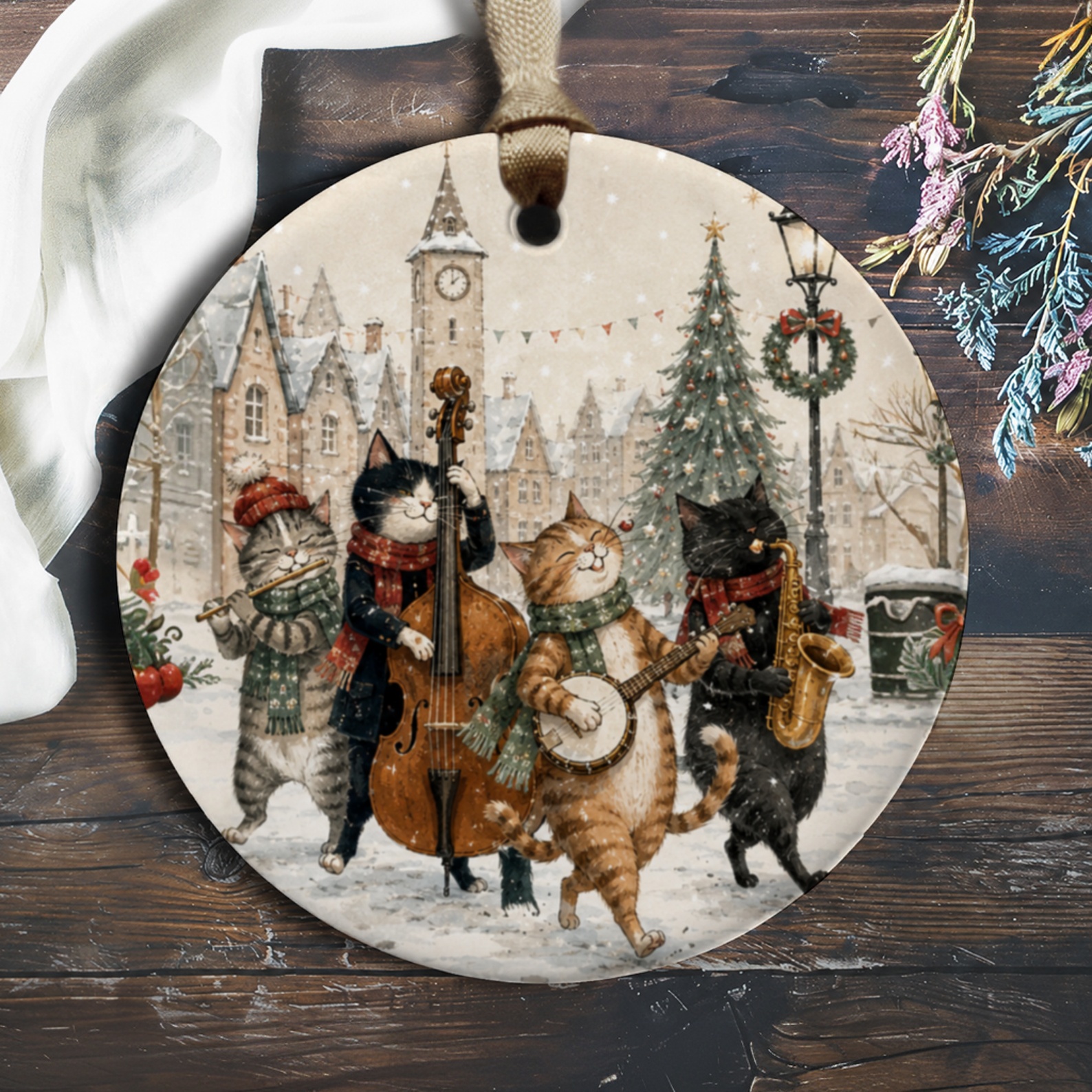Cats Playing Instruments Christmas Ornament Cute Holiday Decor For Cat Lovers Festive Winter Scene Animal Lover Gift O467