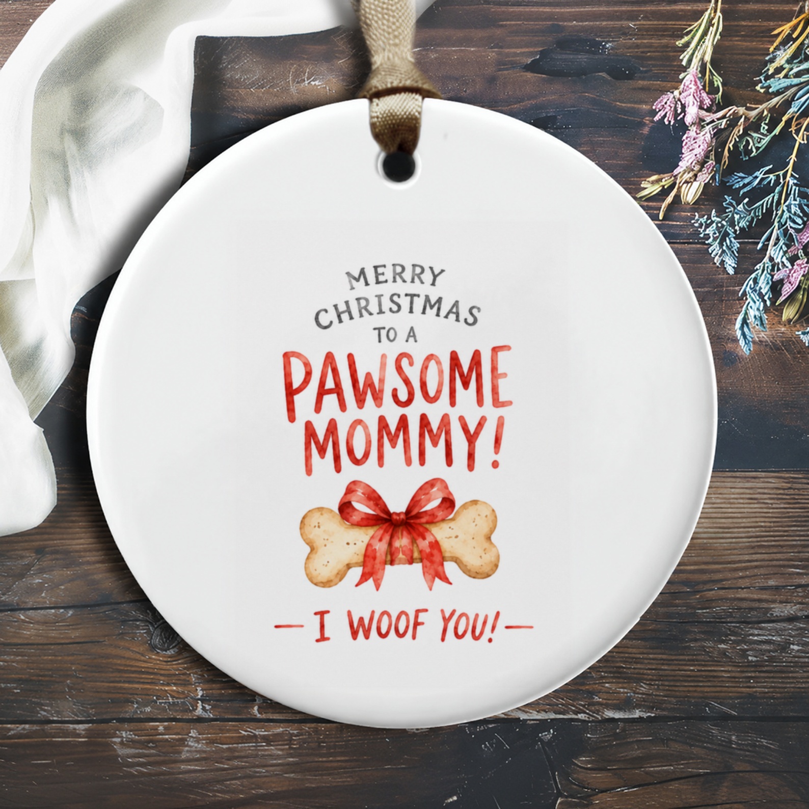 Merry Christmas To A Pawsome Mommy! I Woof You! Dog Lover Ornament Cute Christmas Gift For Dog Mom Pet Owner Holiday Decor O473