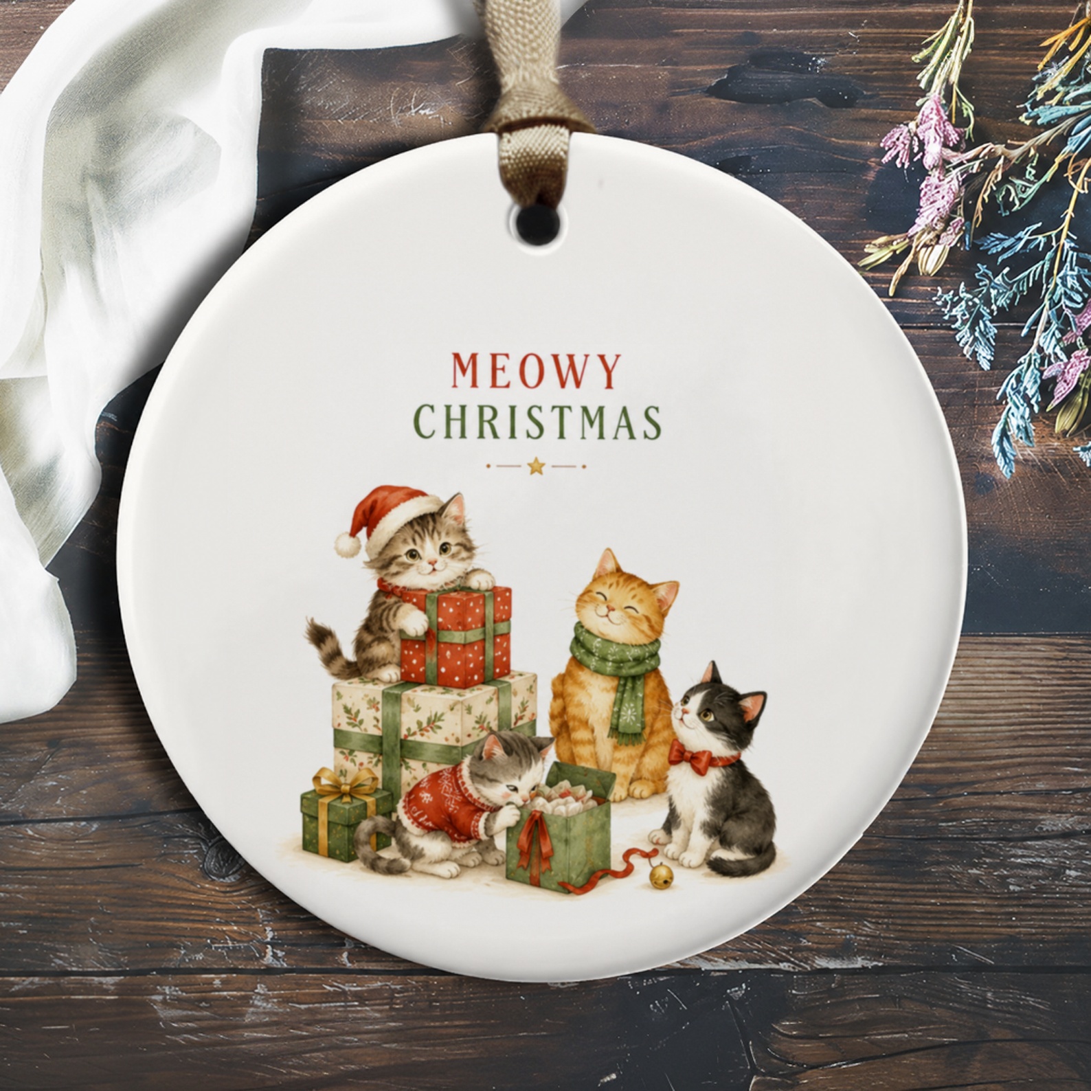 Meowy Christmas Cat Ornament Cute Holiday Decor Christmas Tree Decoration Gift For Cat Lovers Festive Kitty Ornament O475
